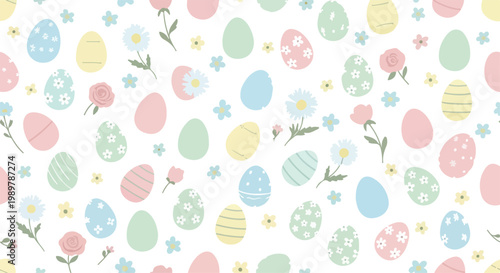 Colorful Easter eggs and flowers pattern on white background with pastel colors