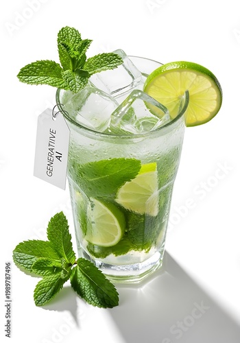 Chilled mint and lime beverage with an attached informational tag sits against a clean white background