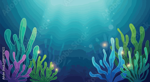 Underwater coral reef with colorful plants and sunbeams, ocean background