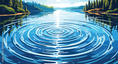 Ripples on tranquil lake surface with pine forest and mountains landscape