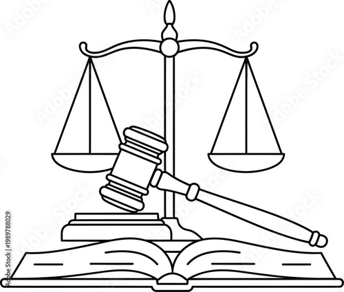 Justice scale and gavel on book legal law concept vector illustration