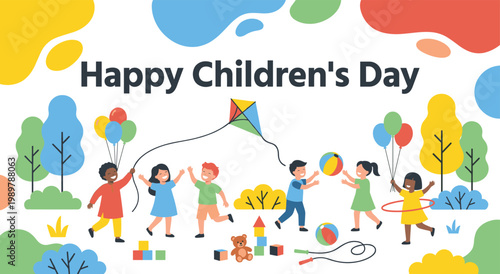 Group of happy multiethnic children enjoying activities in nature. Kids holding balloons and flying kite near playground toys. Bright outdoor landscape background for international holiday.