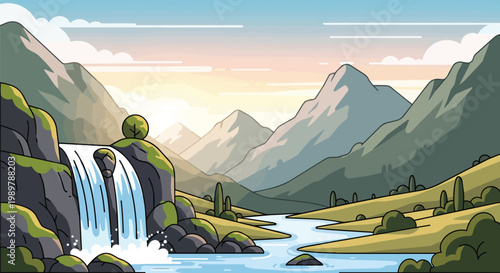 Pixel Art Waterfall Landscape with Mountains and River
