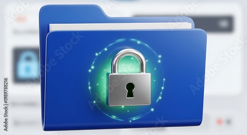Digital file folder featuring a prominent metallic padlock surrounded by luminous digital energy