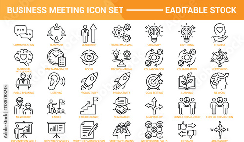 Business meeting set with concepts like communication, teamwork, leadership, and strategy