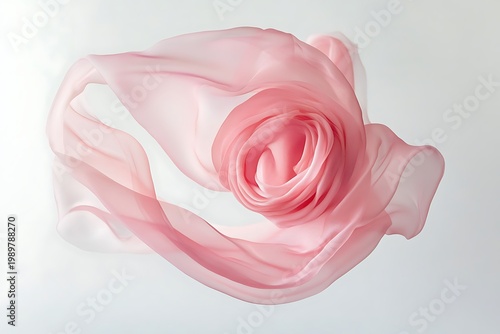 Quartz rose fabric mid-air in a spiral twist, cleanly isolated on a transparent studio surface 