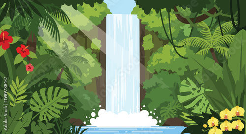 Lush Jungle Waterfall with Tropical Plants and Sunlight Rays