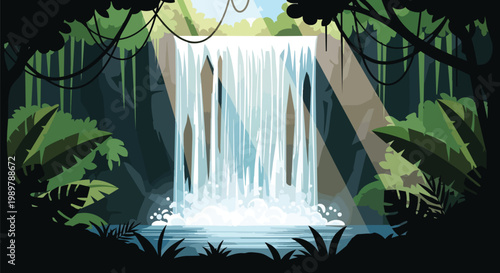 Lush Tropical Jungle Waterfall Scene with Sunlight Rays