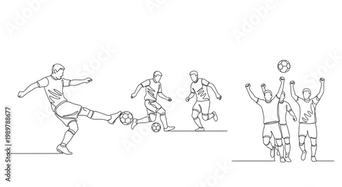 Soccer players in action kicking ball on field with teammates cheering