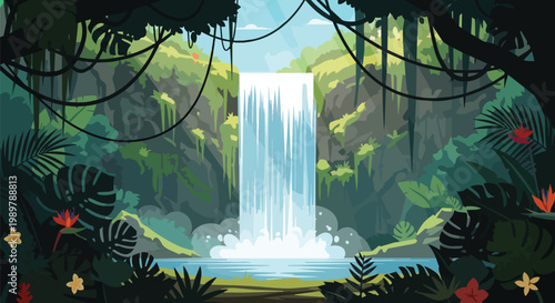 Lush jungle waterfall cascading into a clear pool, surrounded by tropical foliage.