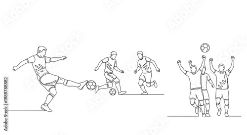 The soccer players kick and jump to score a goal on the field during a game.