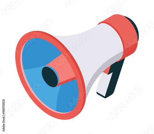 Isometric portable hand held loudspeaker megaphone cartoon 3D vector illustration