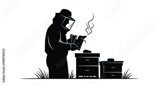 Beekeeper tending to beehives with smoke a striking silhouette