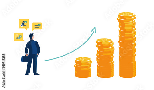 Businessman investor and growth of gold dollar coins, successful career. Green arrow up, financial development, icon. Business presentation. Business analytics, money, people. Vector illustration
