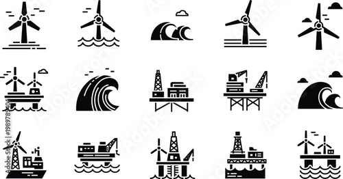 Offshore Wind Energy and Marine Power Icon Set Featuring Wind Turbines Offshore Platforms and Wave Energy Generation