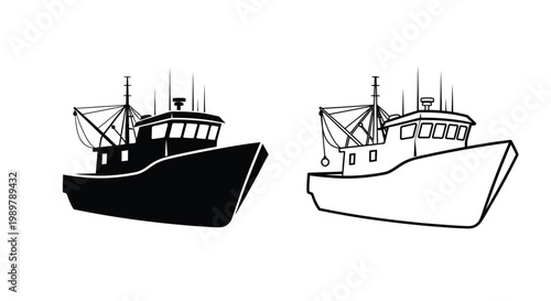 Two depictions of a fishing boat one solid and one outlined silhouette