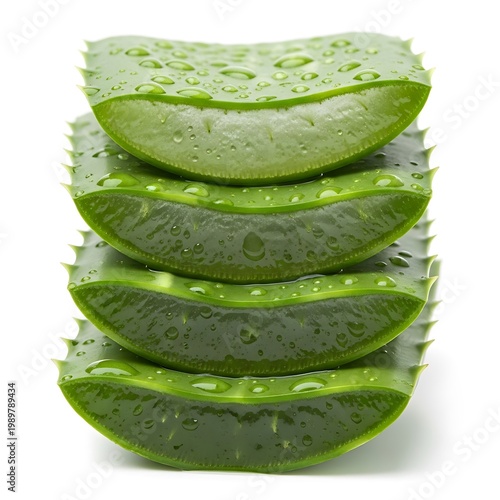 Stacked slices of succulent plant leaf display fresh moisture droplets against a white background