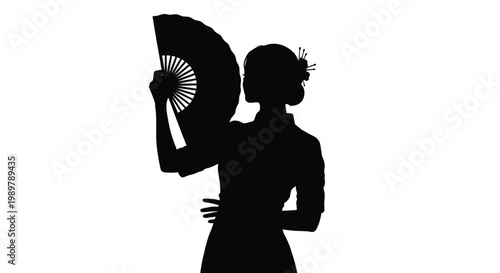 Elegant woman holding a fan in a striking black silhouette