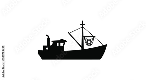 Simple black silhouette of a fishing boat on a white background silhouette
