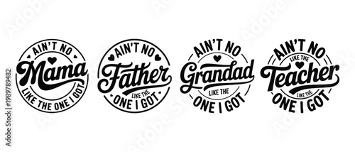 Four circular badges with family and teacher appreciation messages, vector illustration