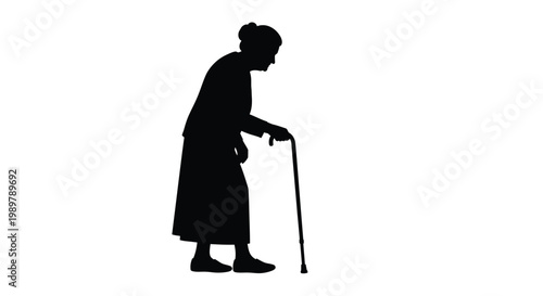 Elderly woman with a cane walking a striking black silhouette