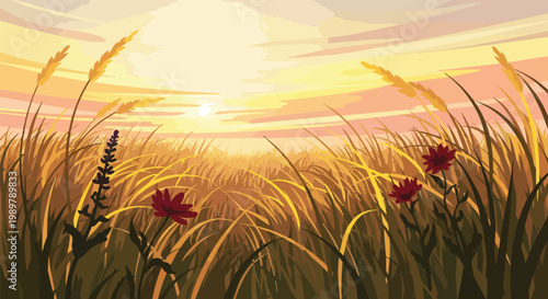 Golden Wheat Field at Sunset with Red Flowers, Warm Sunlight and Gentle Breeze