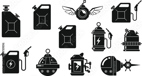 Fuel Canister and Energy Device Icon Set Featuring Gasoline Containers Fuel Pumps Electrical Power and Sci-Fi Inspired Equipment Illustrations