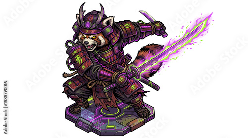 Red panda samurai warrior with sword and armor fantasy creature