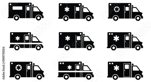Nine ambulance icons in varying perspectives a black silhouette