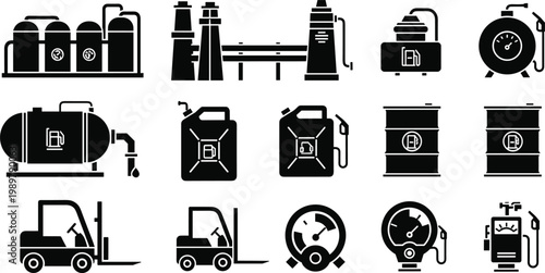 Industrial Oil Gas and Fuel Equipment Icon Set Featuring Storage Tanks Barrels Pumps and Energy Industry Machinery Collection