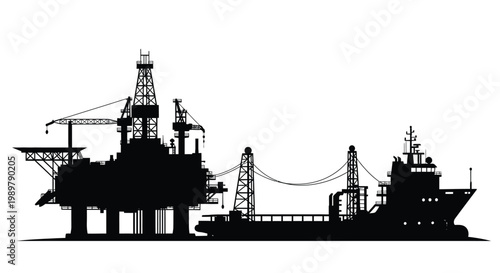 Offshore oil rig and supply ship depicted in bold silhouette