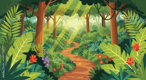 Lush jungle path bathed in sunlight, vibrant rainforest with exotic plants and flowers.