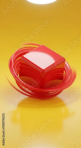 Vivid red geometric form encircled by swirling plastic ribbon against a bright yellow background