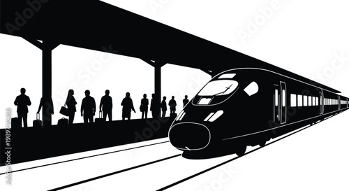 People wait for a modern high speed train at the station silhouette