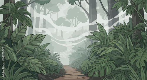 Misty jungle path, lush green foliage, tropical rainforest, mysterious atmosphere