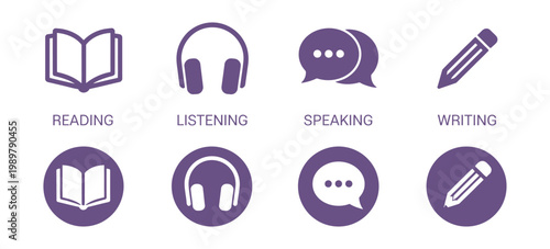 Language skill icon set speaking listening reading writing education test logo vector illustration with circular symbol design