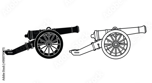 Two antique cannons shown in a detailed black outline silhouette