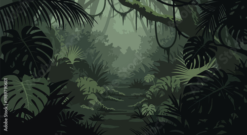 Mysterious Jungle Path with Lush Green Foliage and Overgrown Vines