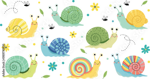 Cute Snail Characters in Various Colors with Flowers and Dots for Kids’ Designs and Fun Illustrations