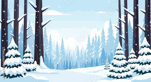 Winter forest scene with snow falling and frosted trees