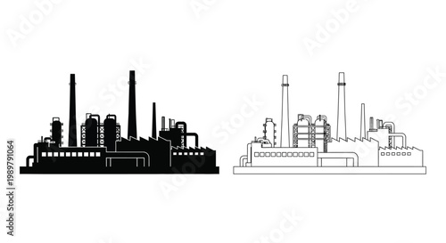 Industrial complex with smokestacks and buildings a stark silhouette