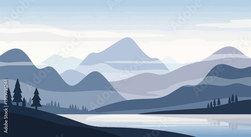Serene Mountain Landscape with Reflecting Lake and Pine Trees, Blue Hues