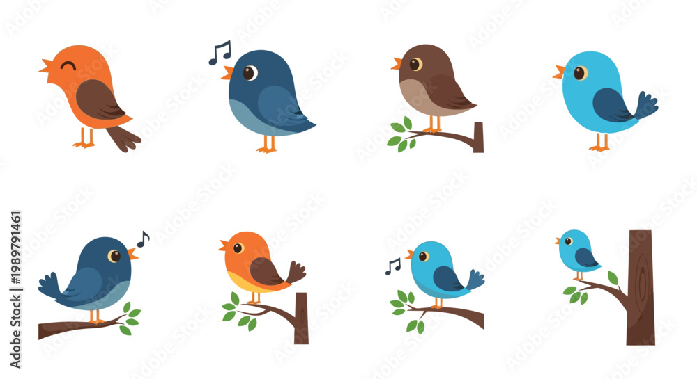 Obraz premium Colorful cartoon birds perched on branches a set of vector illustrations