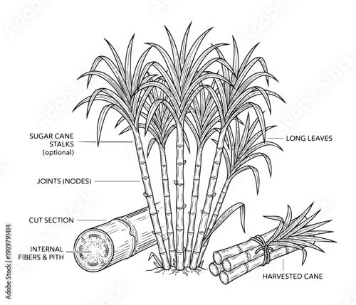 Sugarcane stalks and harvested cane illustration for food and drink vector.