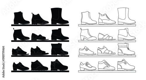 Black and white line art of various boots and shoes on shelves silhouette