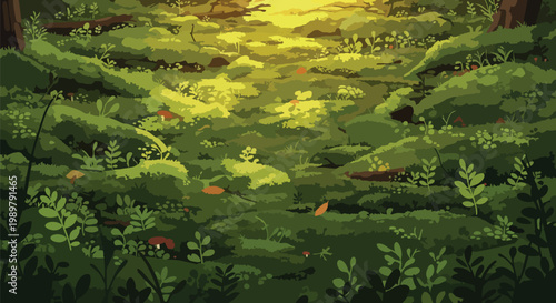 Pixel Art Forest Floor with Golden Sunlight and Lush Green Moss