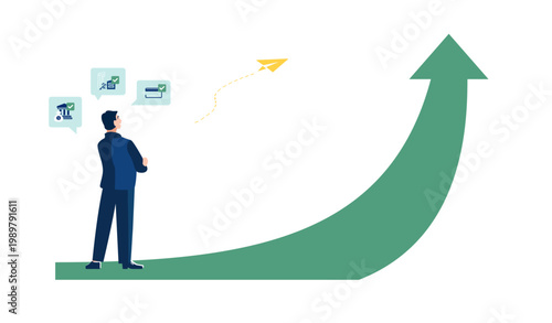 Business presentation. Businessman investor with dollar, opportunity for successful career growth. Green arrow up, financial development, icon. Business analytics, money, people. Vector illustration