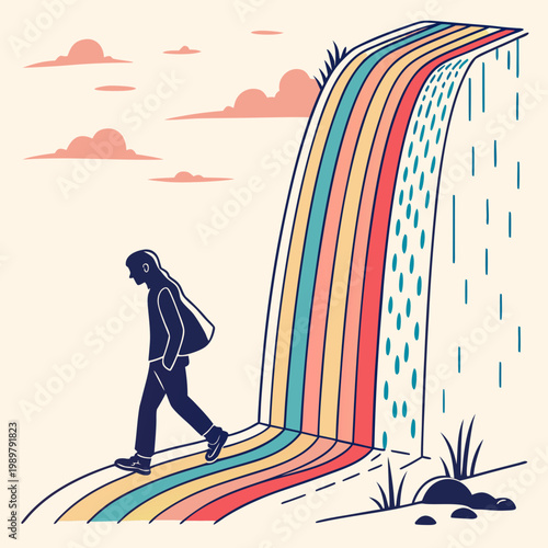 Conceptual illustration of a person walking on a rainbow path toward a colorful rainbow waterfall with waterfall silhouette colorful landscape conceptual happiness positivity spectrum creative