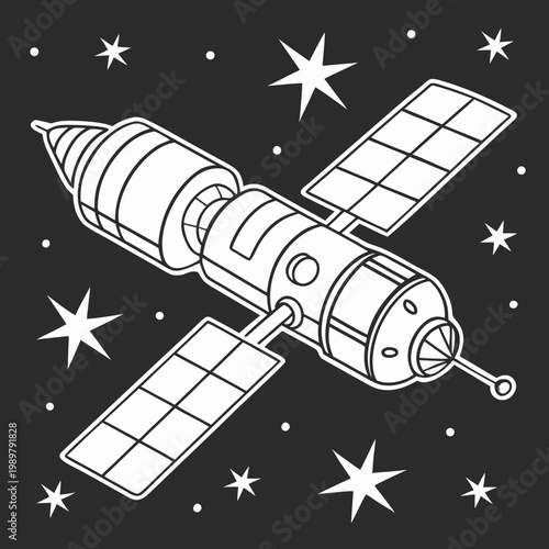 Space satellite station orbiting in starry galaxy outer space line art illustration with satellite spacecraft universe technology communication exploration celestial planetary astronomy