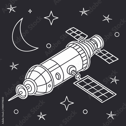 Modular space station and crescent moon illustration in starry night background with line art satellite dish satellite crescent spacecraft universe exploration astronomy technology aerospace